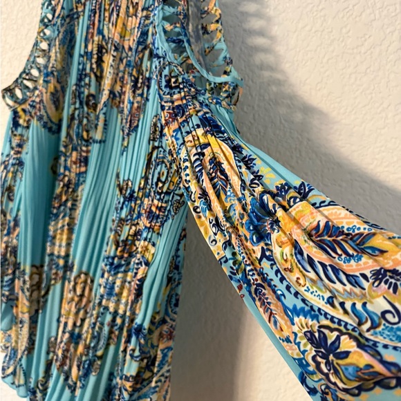 Midnight Velvet Teal Paisley Cold-Shoulder Pleated Blouse - Picture 6 of 16